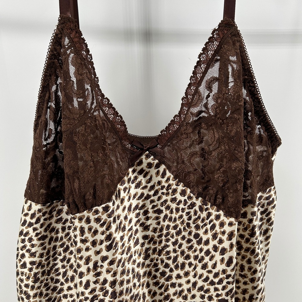 Intimate Style Leopard Lace Trim Chemise Nightie Slip Brown L USA Satin Boudoir - Picture 2 of 9